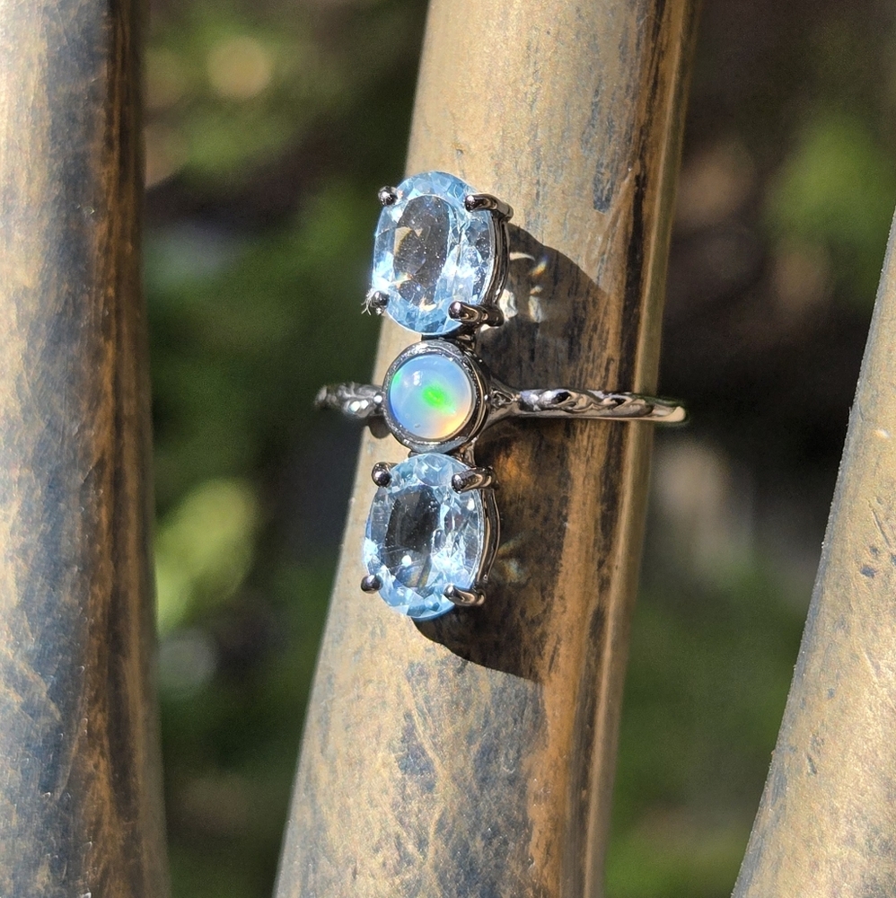 Blue Topaz & Opal Natural Gemstone Sterling & Rhodium Ring Sz6 - Picture 4 of 8